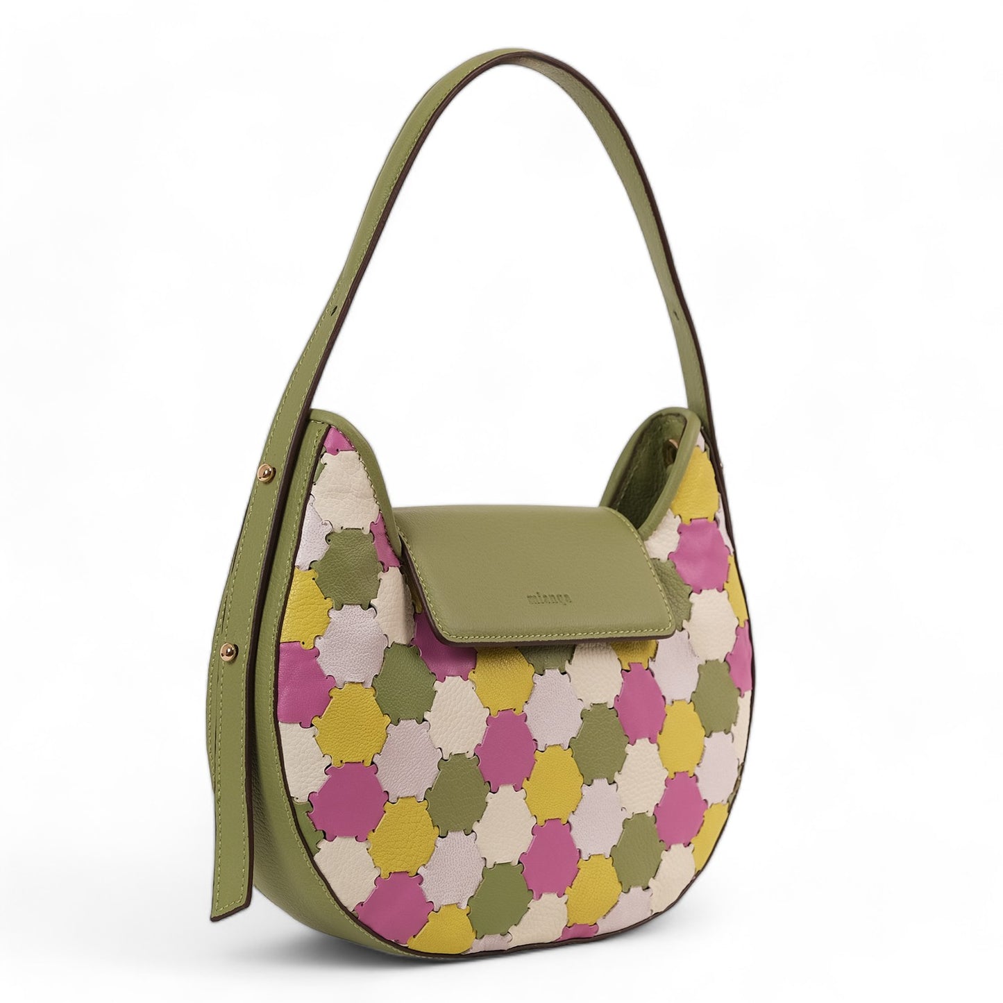 Anqa Woven Leather Moon Crossbody & Shoulder Bag Pistachio Green