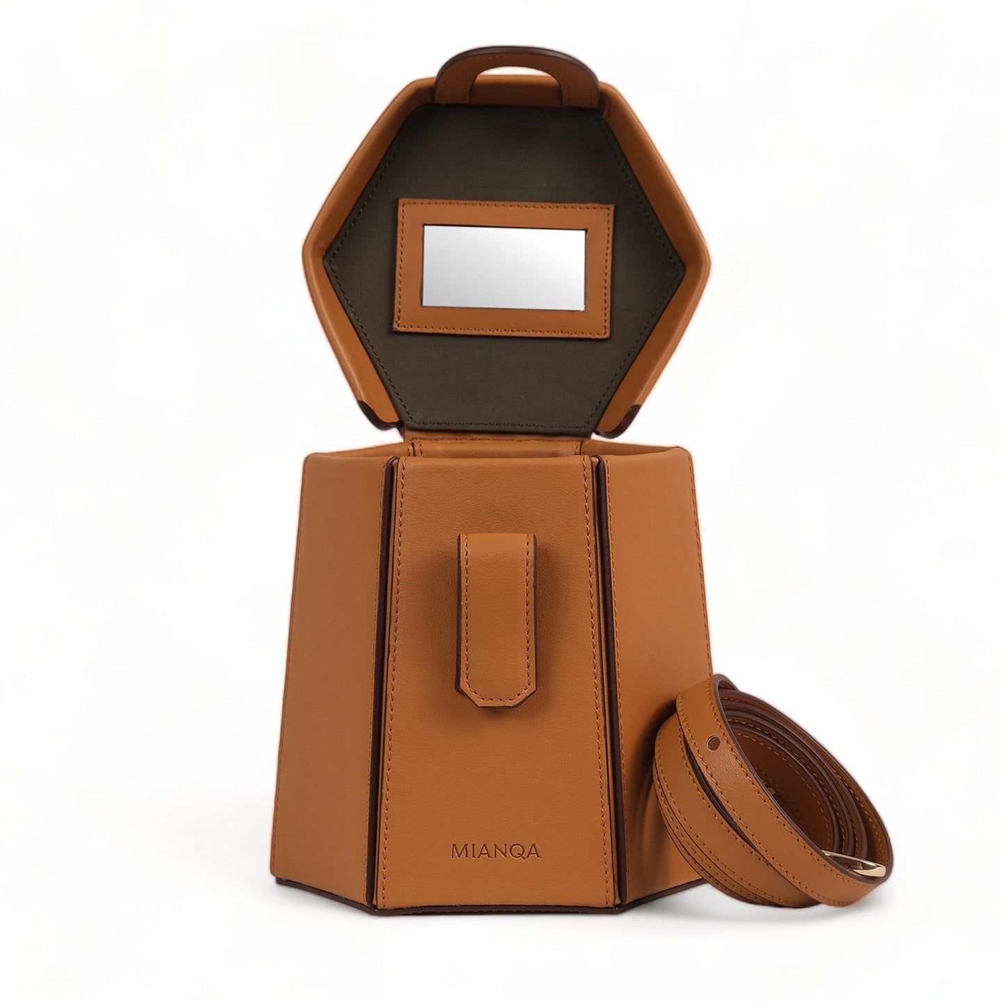 Vegan Apple Leather Hexagon Crossbody & Shoulder Bag Caramel Brown