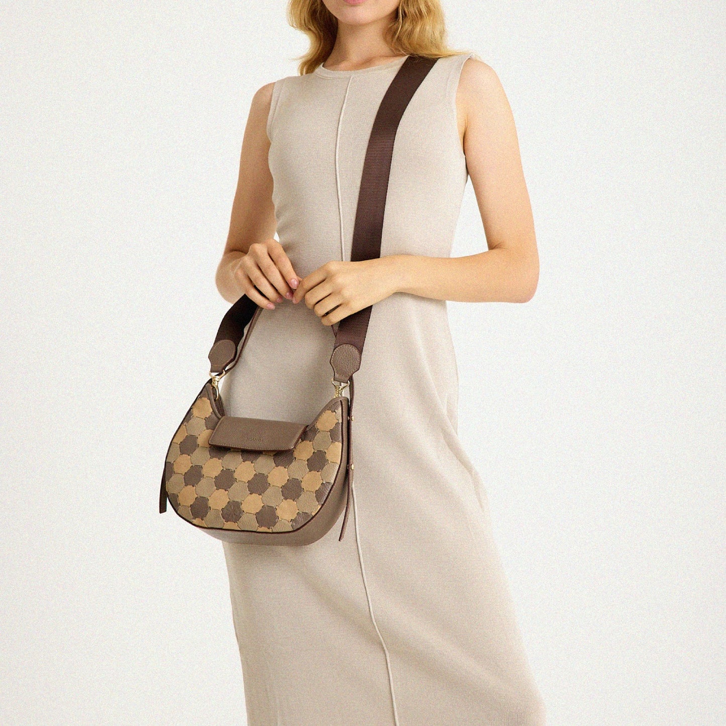 Anqa Woven Leather Moon Crossbody & Shoulder Bag Latte
