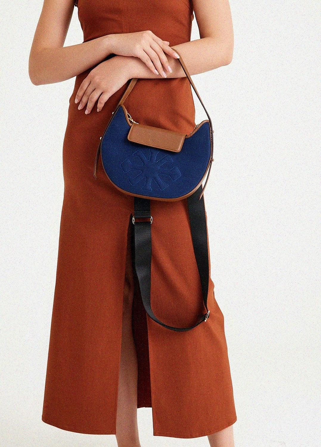Canvas & Leather Moon Shoulder Bag Navy