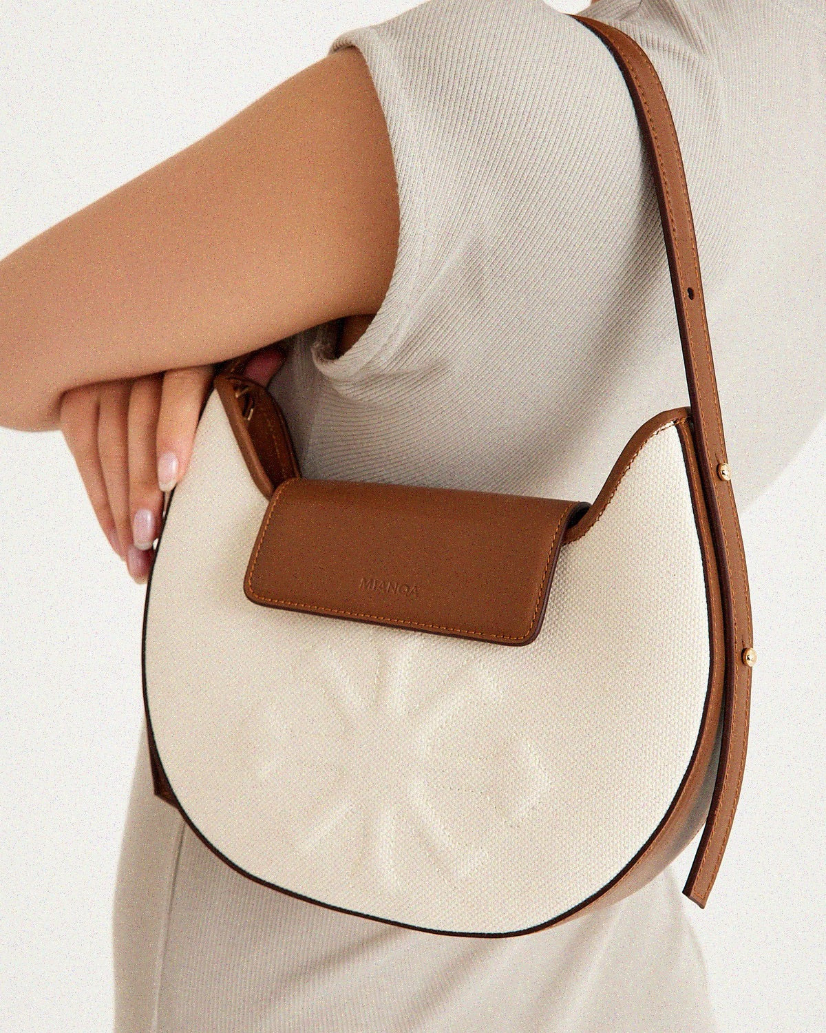 Canvas & Leather Moon Shoulder Bag White