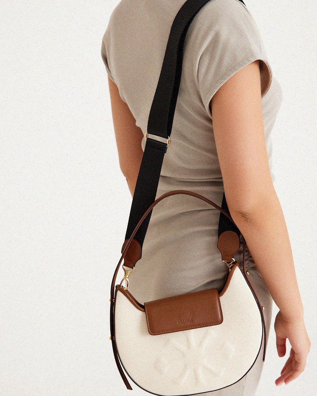 Canvas & Leather Moon Shoulder Bag White