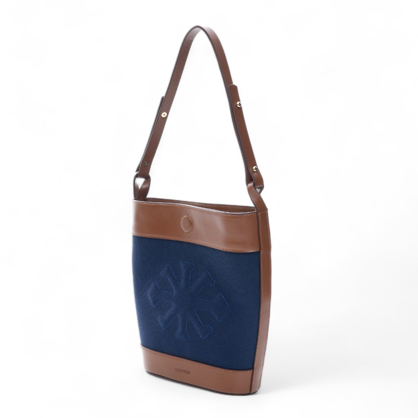 Canvas & Leather Bucket Shoulder Bag Navy