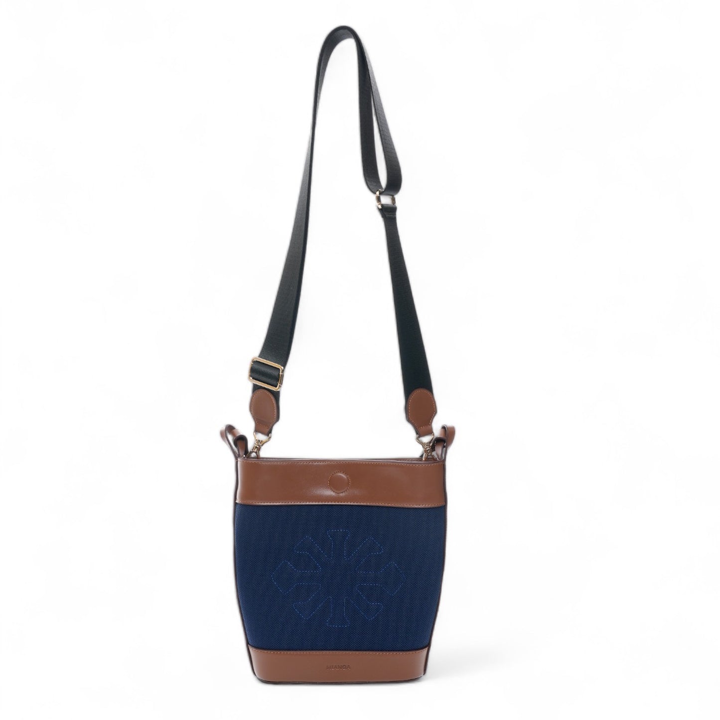 Canvas & Leather Bucket Shoulder Bag Navy