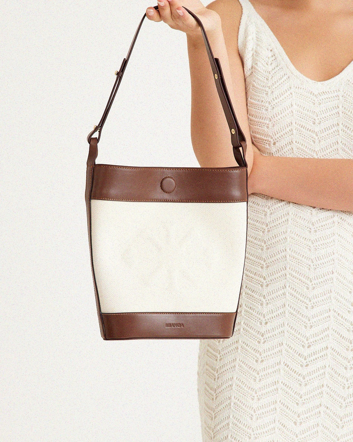 Canvas & Leather Bucket Shoulder Bag White