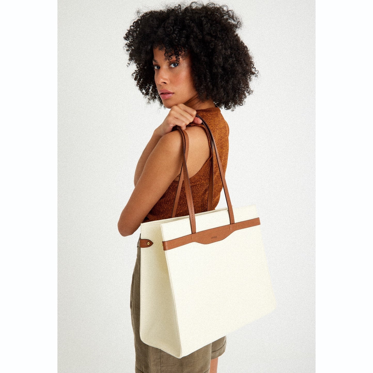 Vegan Apple Leather & Fabric Large Tote White