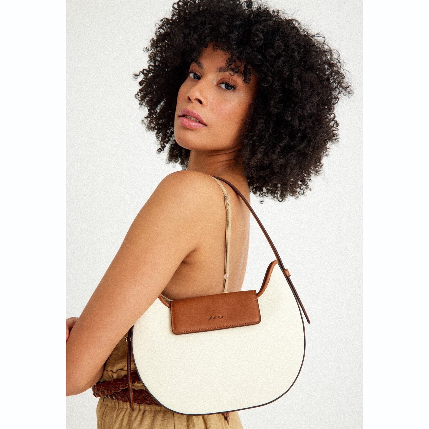 Vegan Apple Leather & Fabric Moon Shoulder Bag White