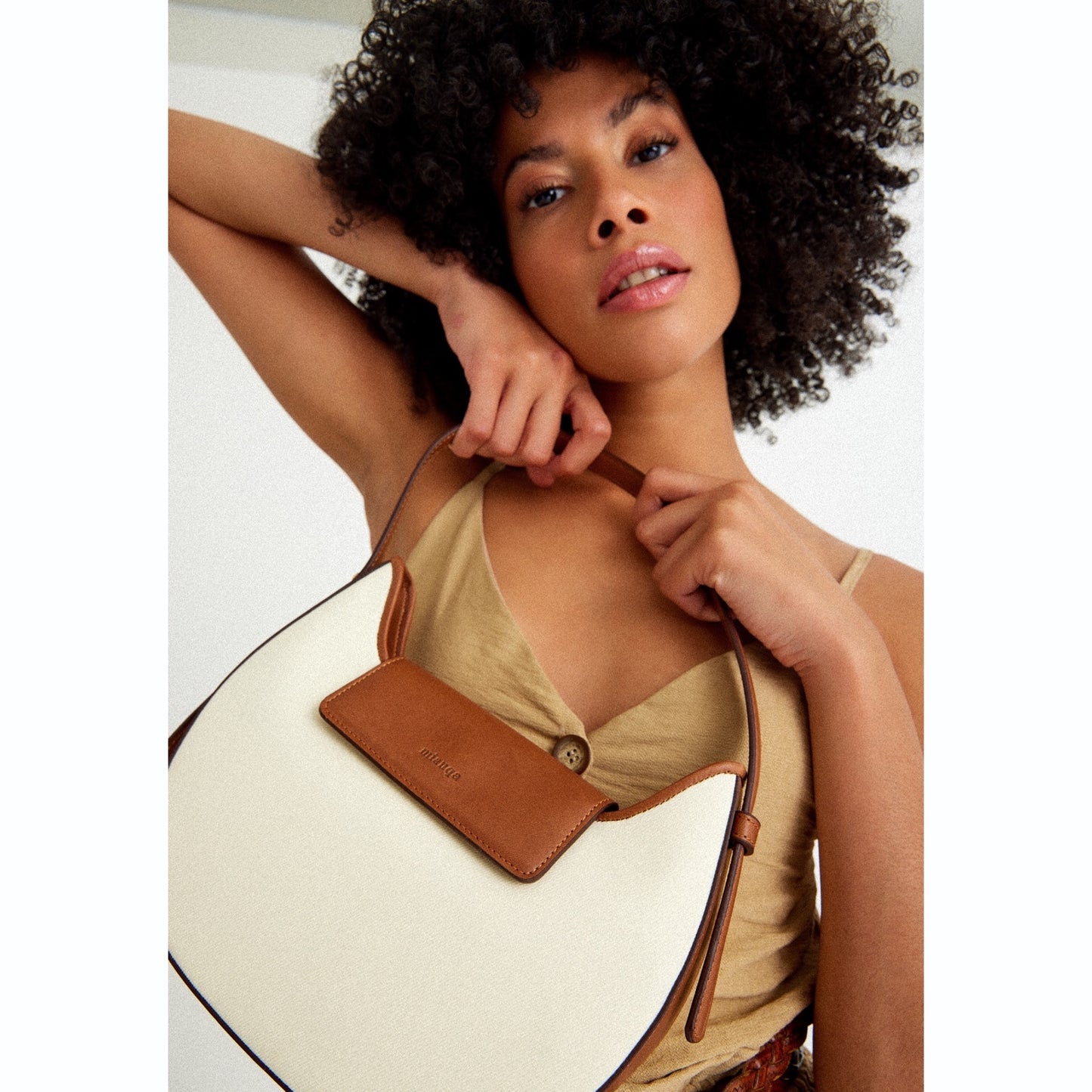 Vegan Apple Leather & Fabric Moon Shoulder Bag White