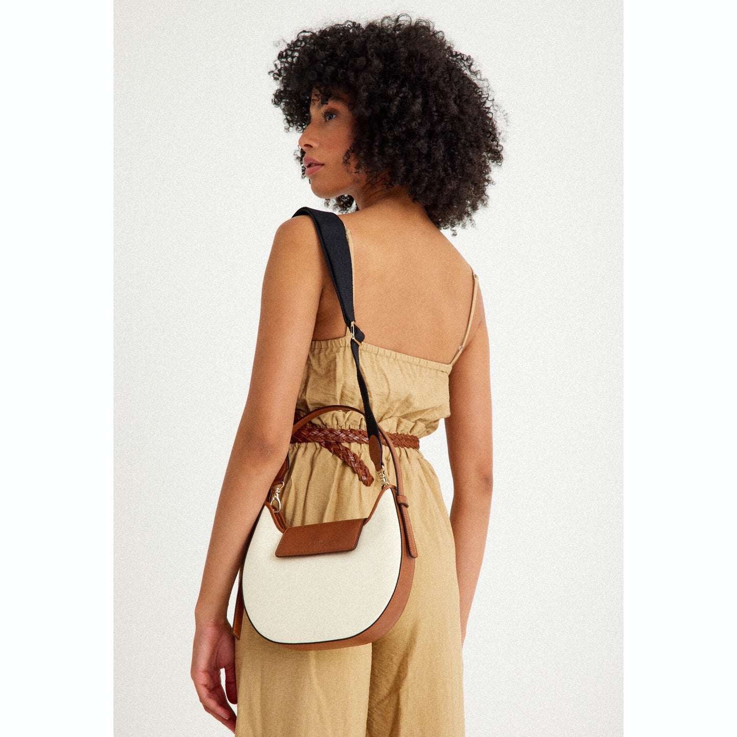 Vegan Apple Leather & Fabric Moon Shoulder Bag White