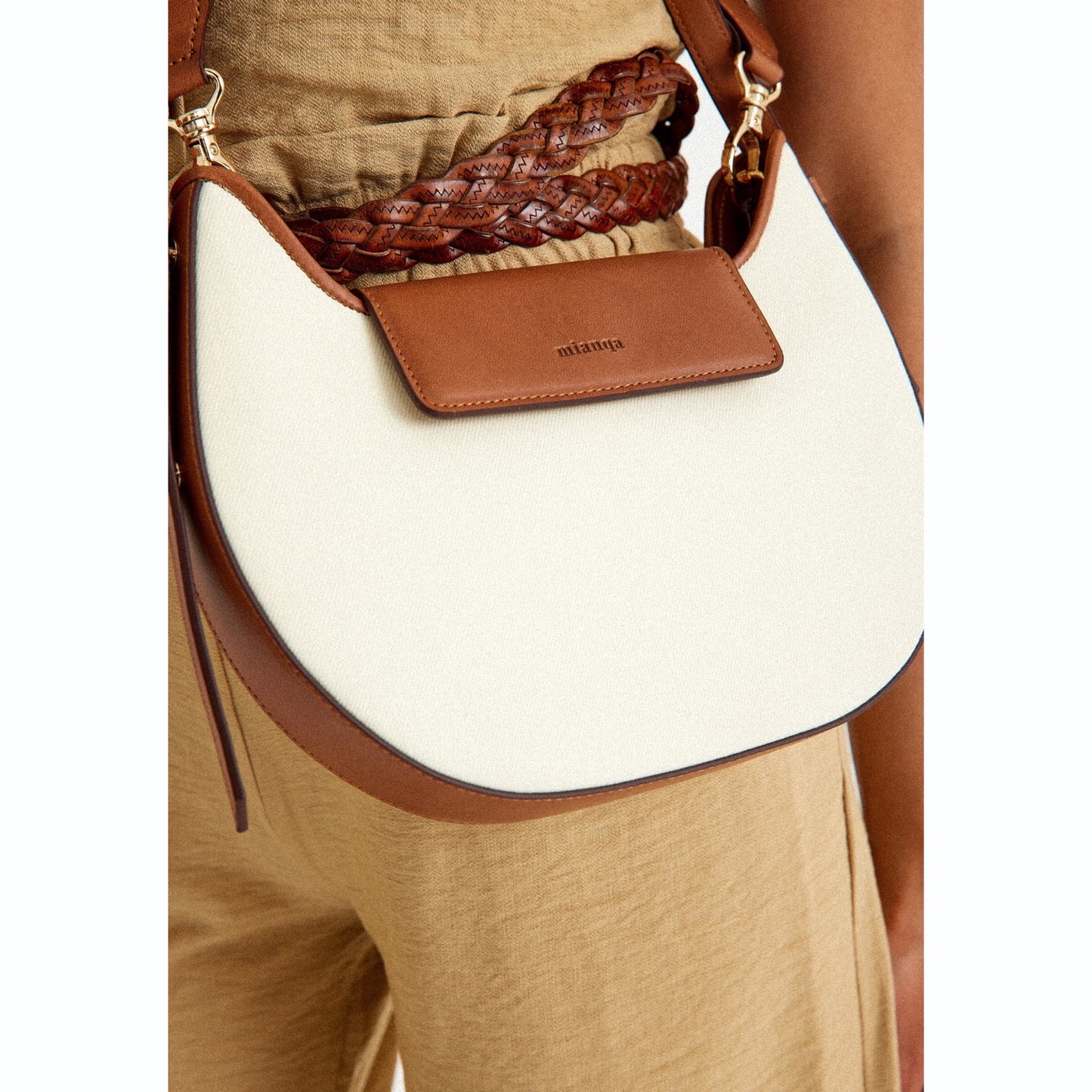 Vegan Apple Leather & Fabric Moon Shoulder Bag White