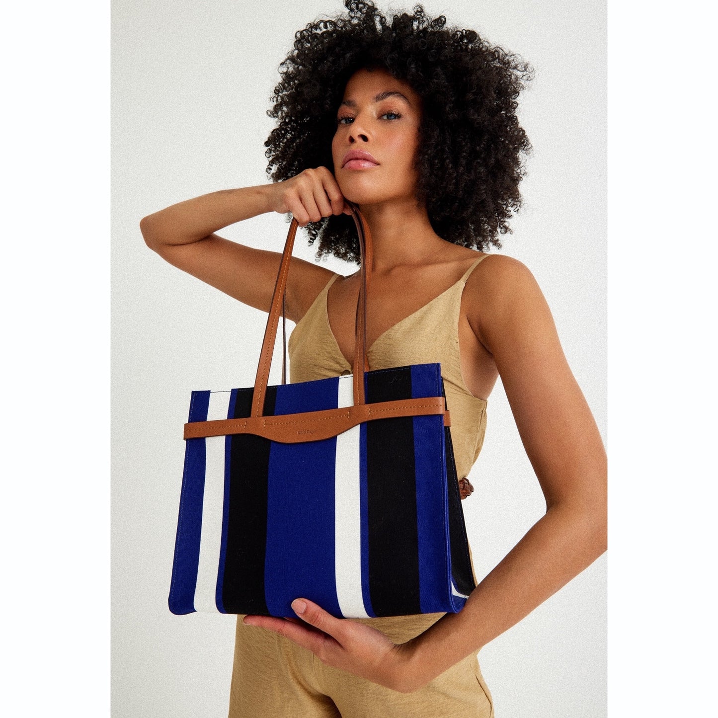 Vegan Apple Leather & Fabric Medium Tote Navy