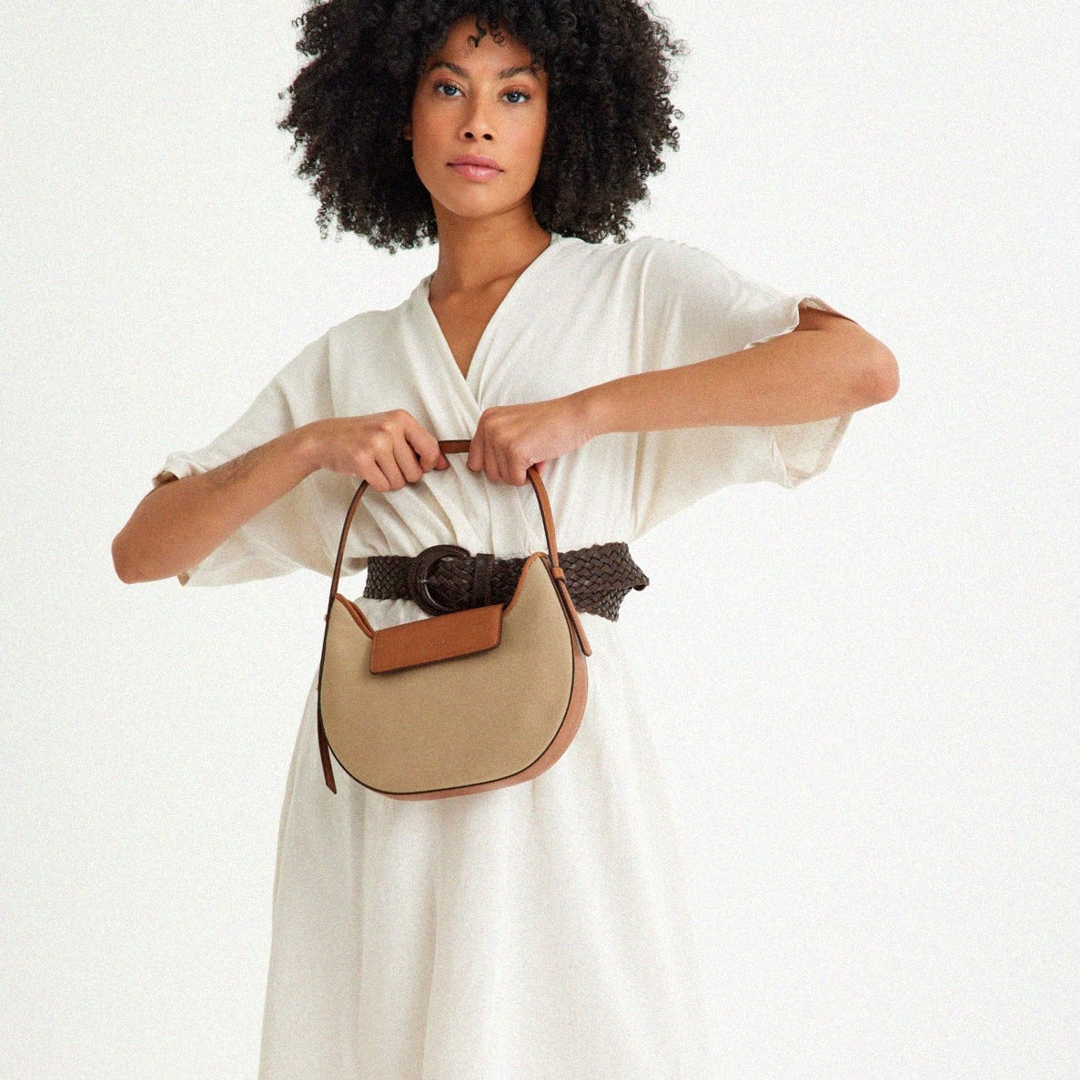 Vegan Apple Leather & Fabric Moon Shoulder Bag Beige