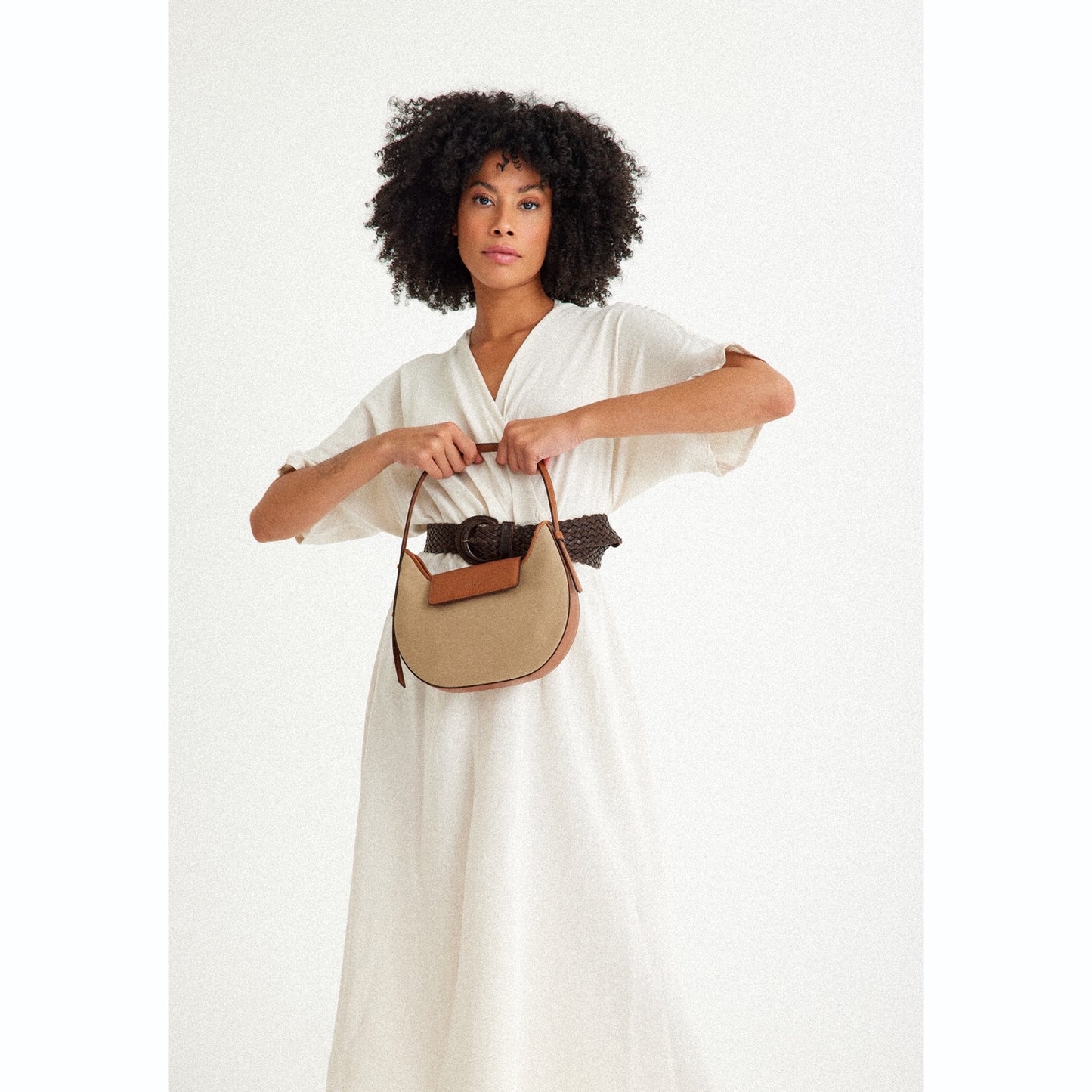 Vegan Apple Leather & Fabric Moon Shoulder Bag Beige