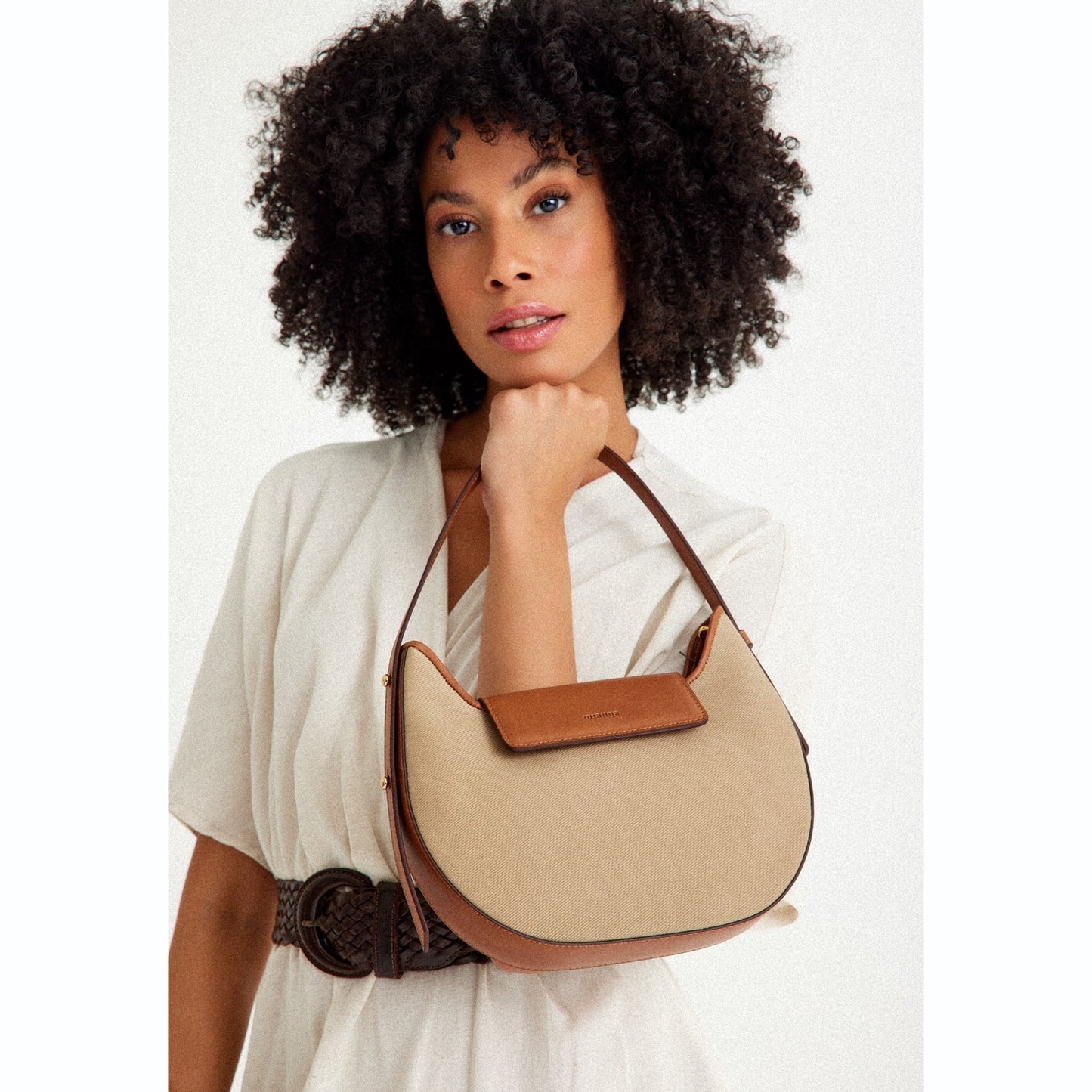 Vegan Apple Leather & Fabric Moon Shoulder Bag Beige