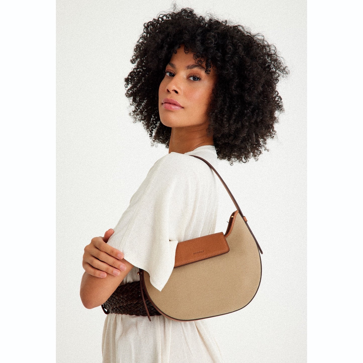 Vegan Apple Leather & Fabric Moon Shoulder Bag Beige