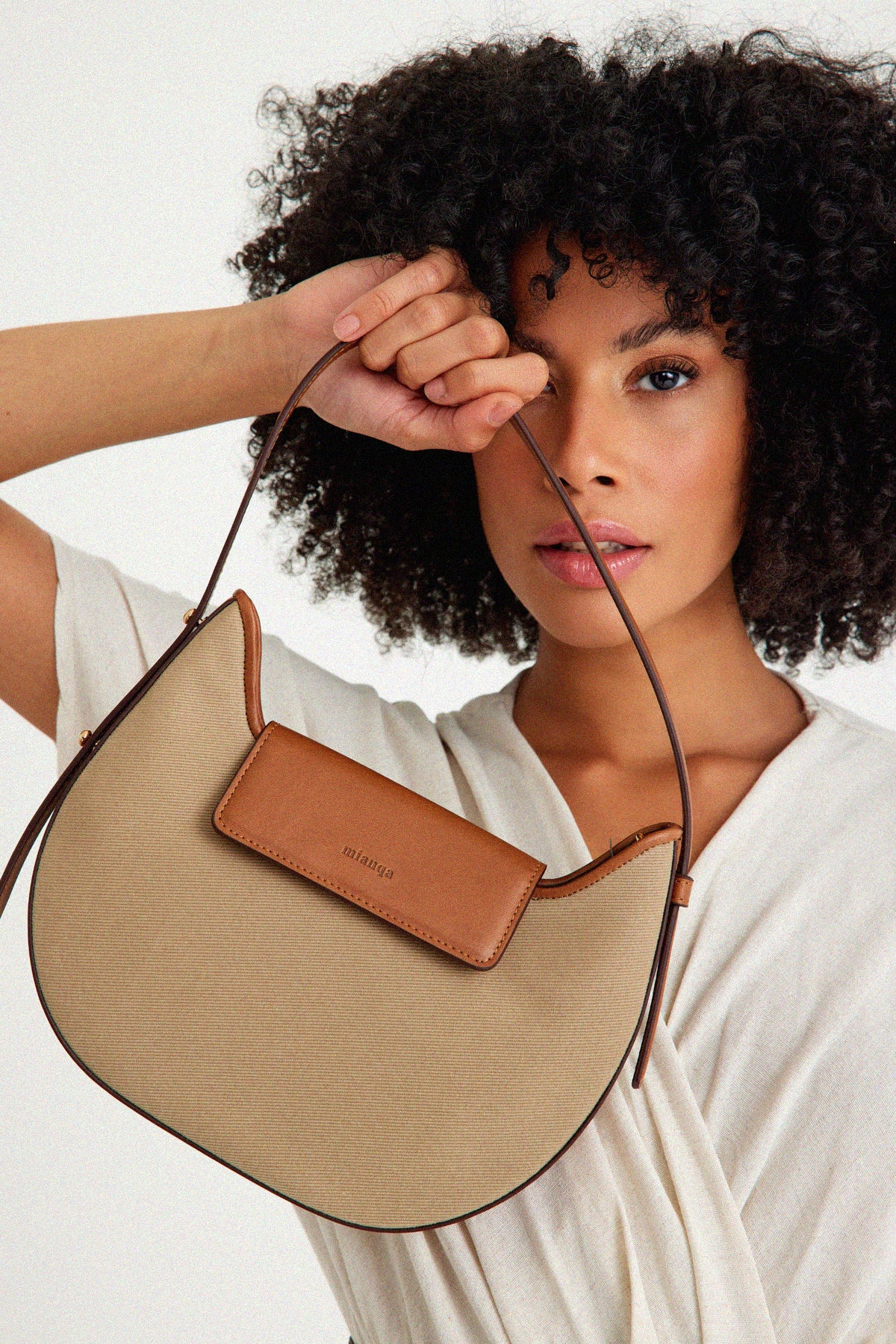 Vegan Apple Leather & Fabric Moon Shoulder Bag Beige