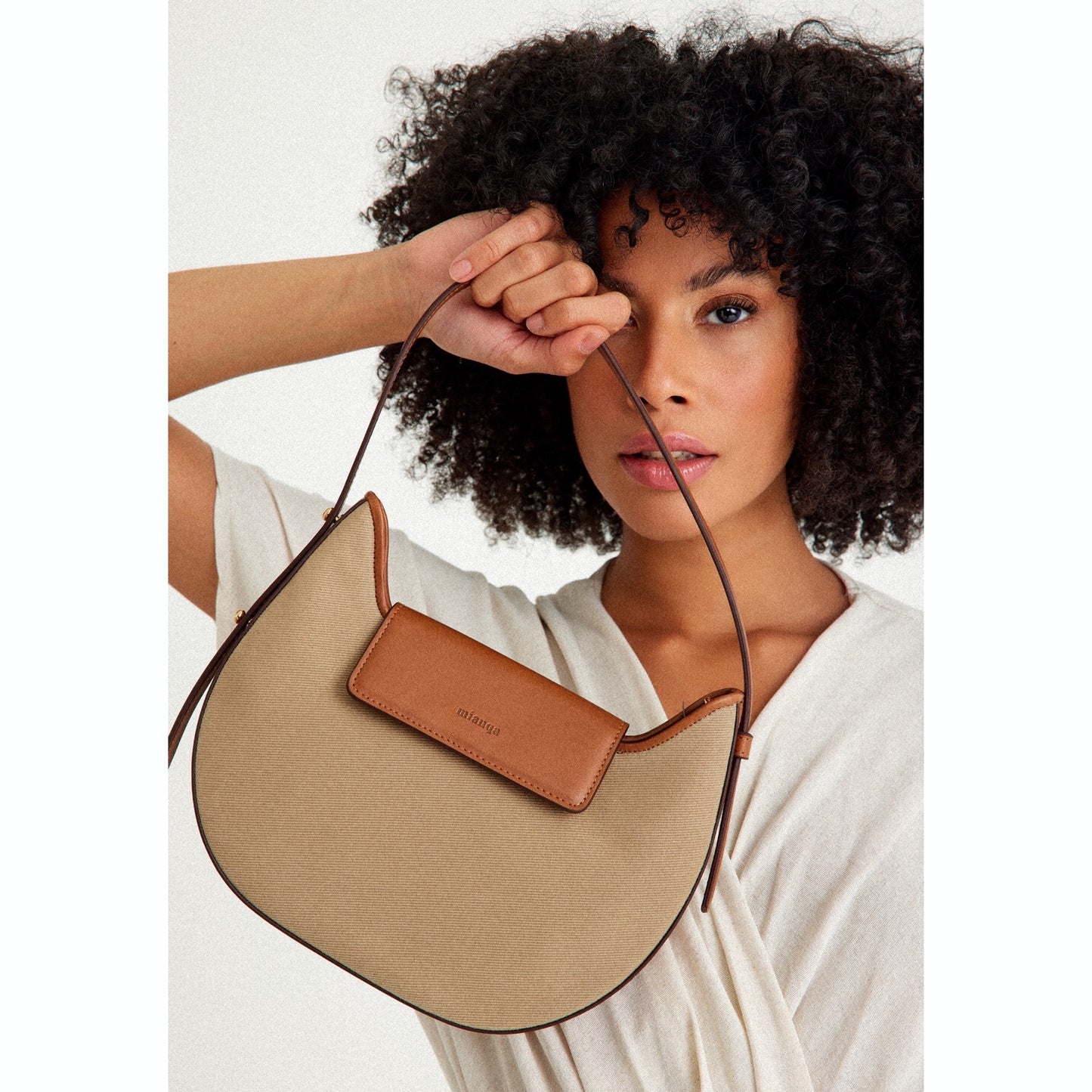 Vegan Apple Leather & Fabric Moon Shoulder Bag Beige