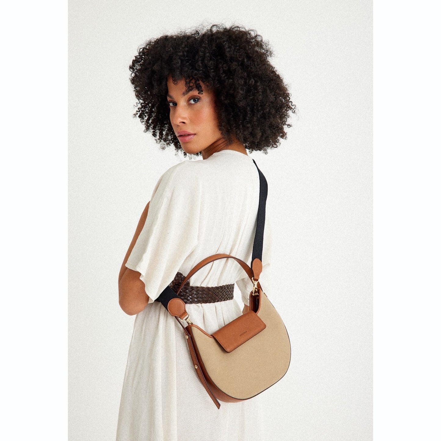 Vegan Apple Leather & Fabric Moon Shoulder Bag Beige