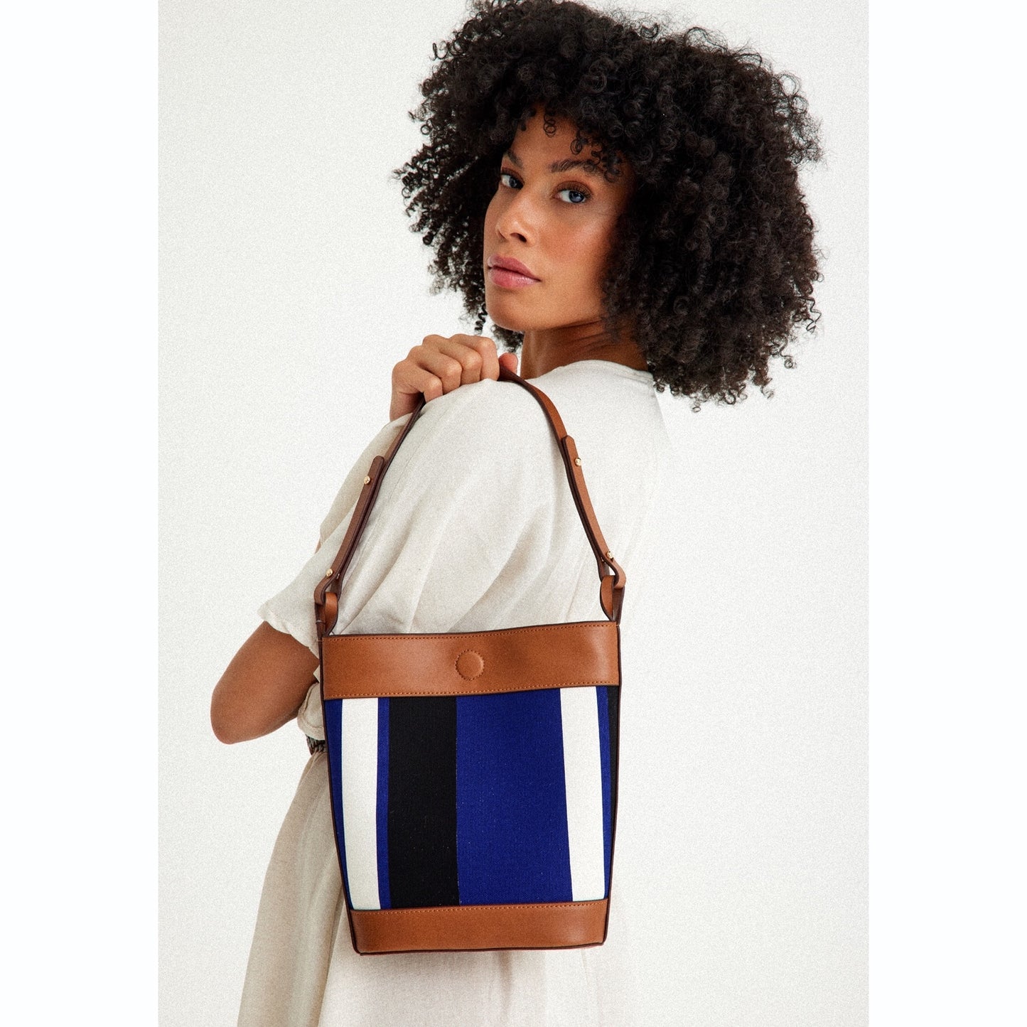 Vegan Apple Leather & Fabric Bucket Shoulder & Crossbody Bag Navy