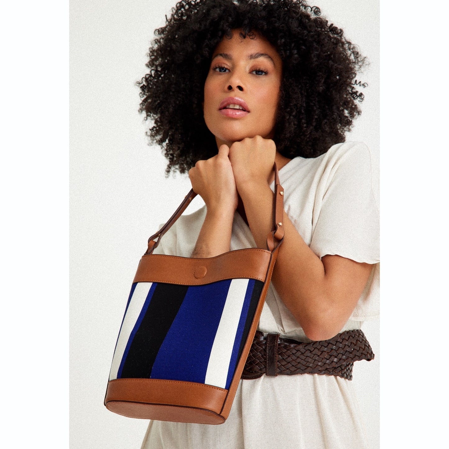 Vegan Apple Leather & Fabric Bucket Shoulder & Crossbody Bag Navy
