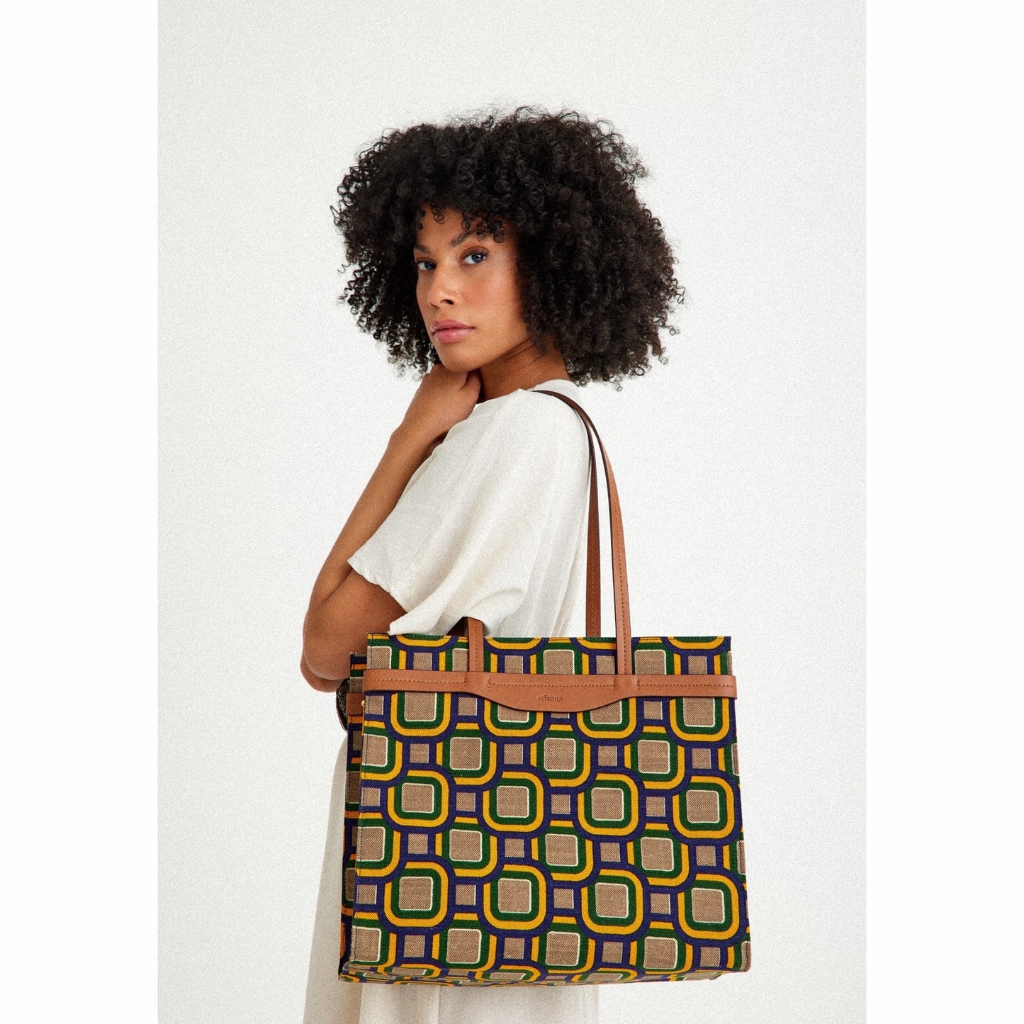 Vegan Apple Leather & Fabric Large Tote Mix Color
