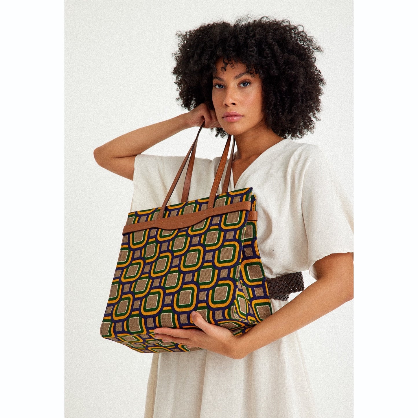 Vegan Apple Leather & Fabric Large Tote Mix Color