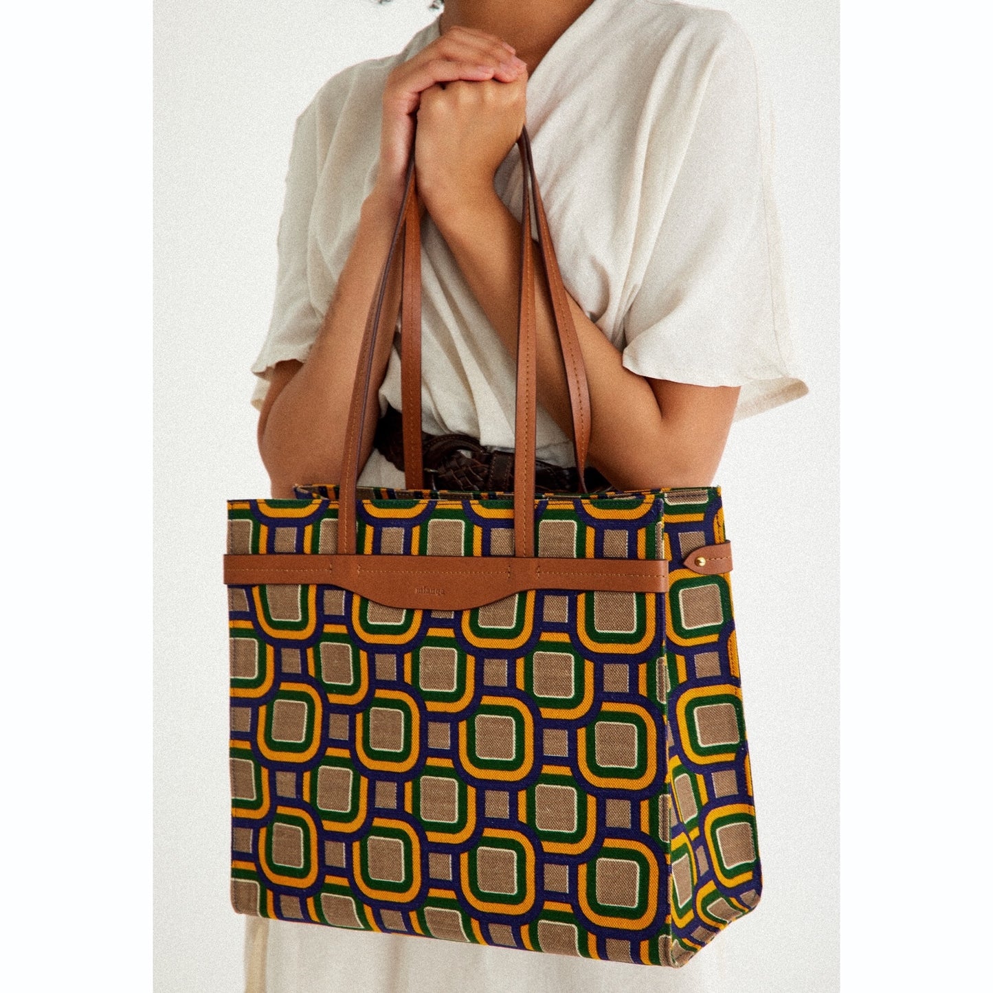 Vegan Apple Leather & Fabric Large Tote Mix Color