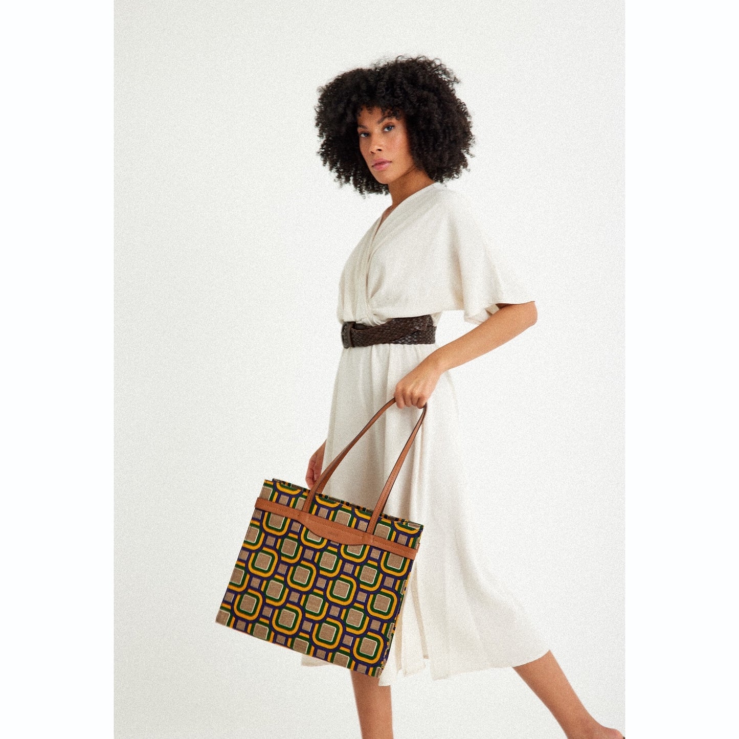 Vegan Apple Leather & Fabric Large Tote Mix Color