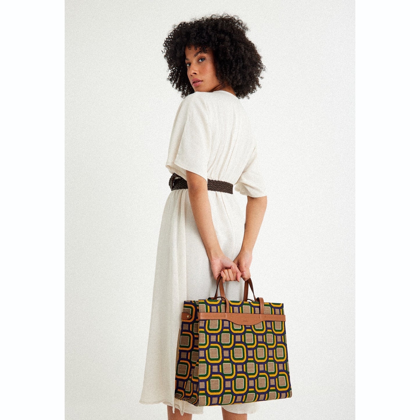 Vegan Apple Leather & Fabric Large Tote Mix Color