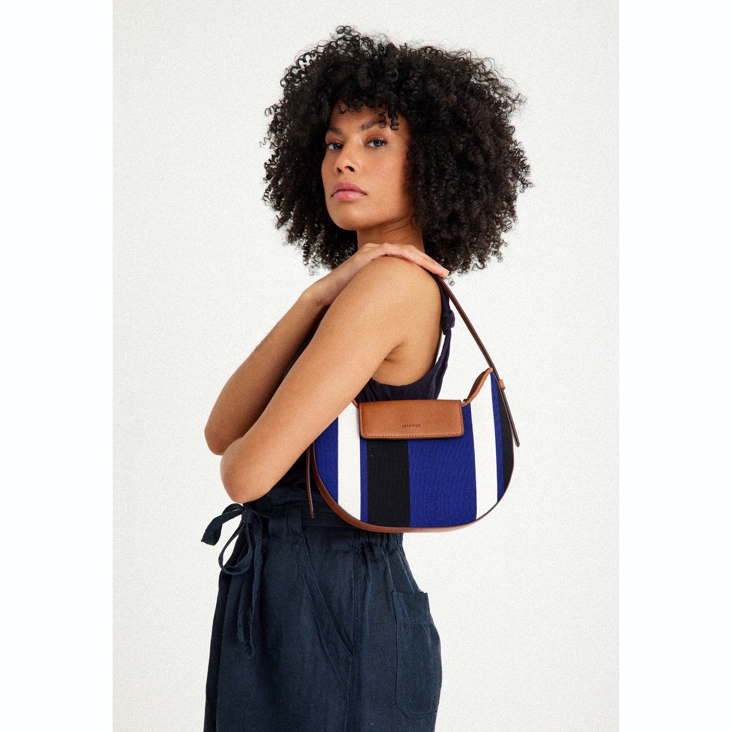 Vegan Apple Leather & Fabric Moon Shoulder Bag Navy