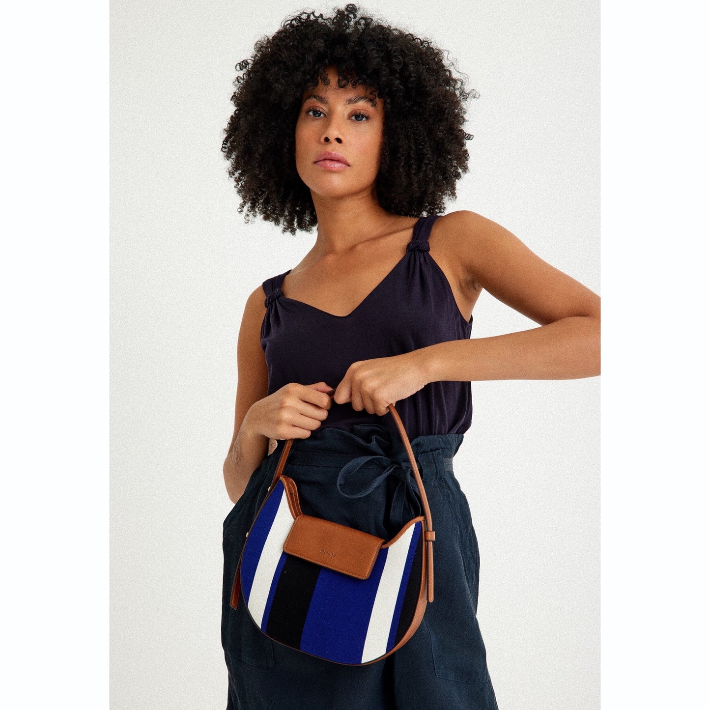 Vegan Apple Leather & Fabric Moon Shoulder Bag Navy