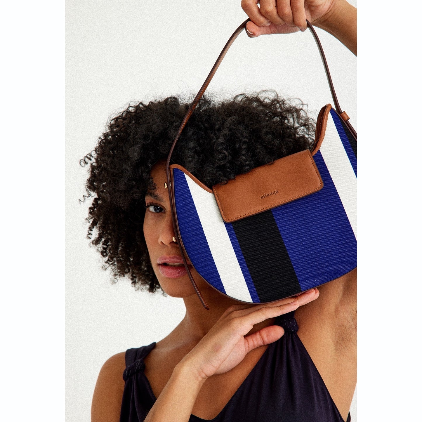 Vegan Apple Leather & Fabric Moon Shoulder Bag Navy