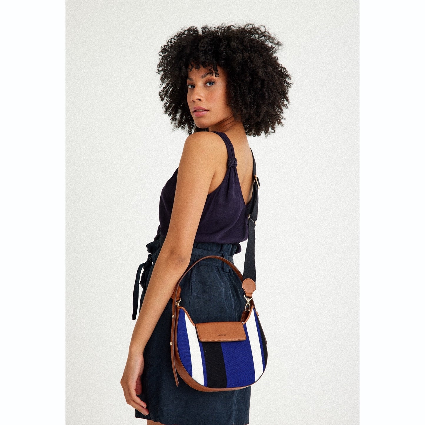 Vegan Apple Leather & Fabric Moon Shoulder Bag Navy