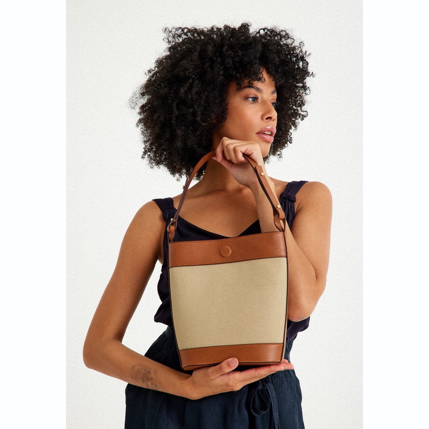 Vegan Apple Leather & Fabric Bucket Shoulder & Crossbody Bag Beige