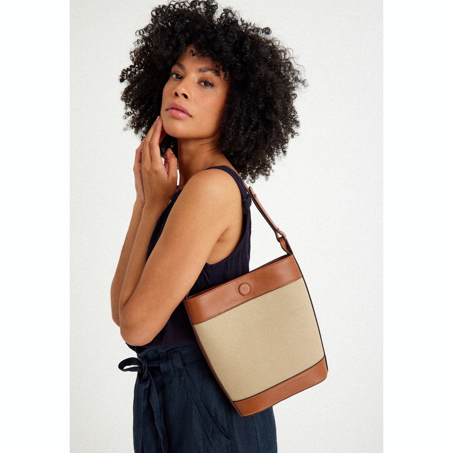 Vegan Apple Leather & Fabric Bucket Shoulder & Crossbody Bag Beige