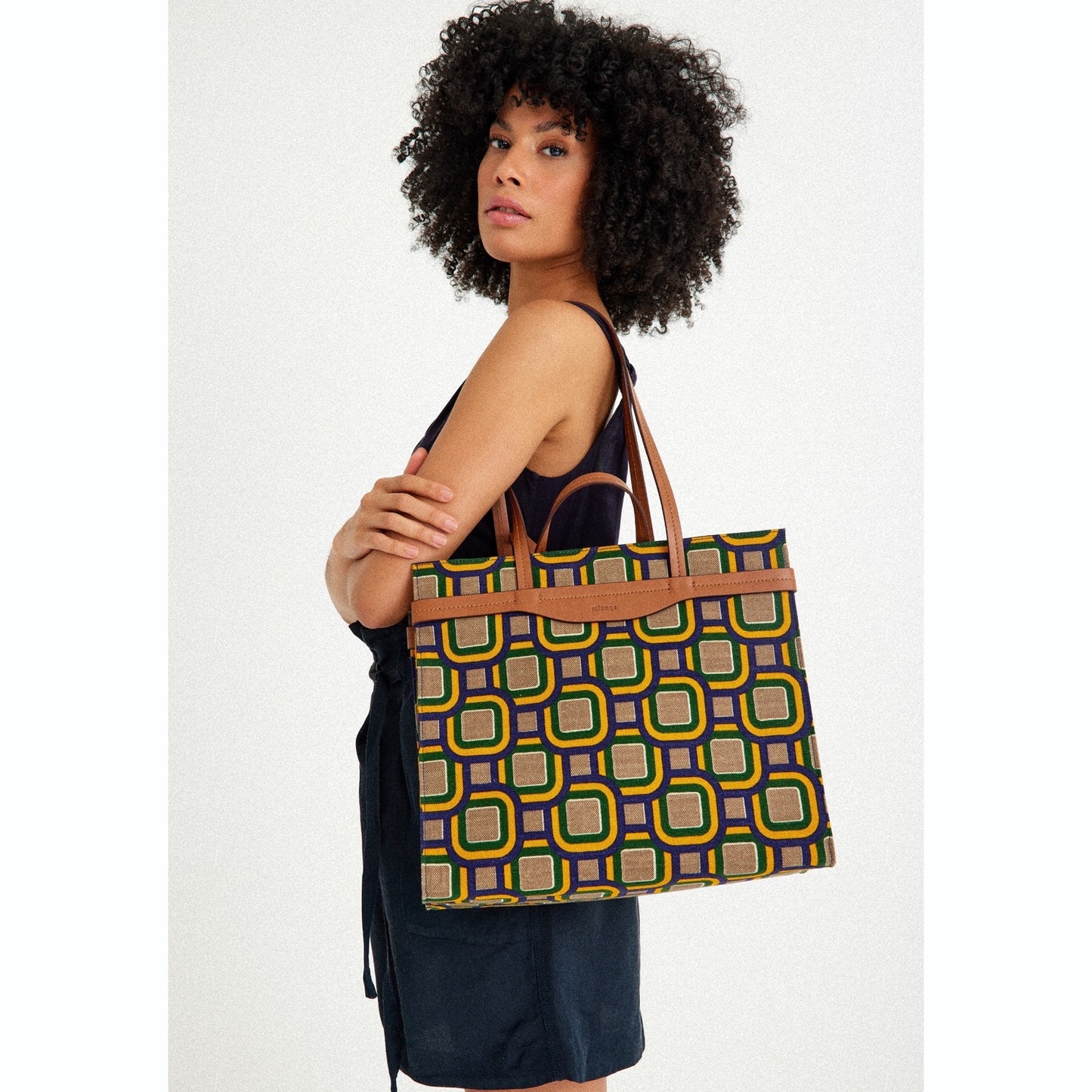 Vegan Apple Leather & Fabric Medium Tote Mixed Color