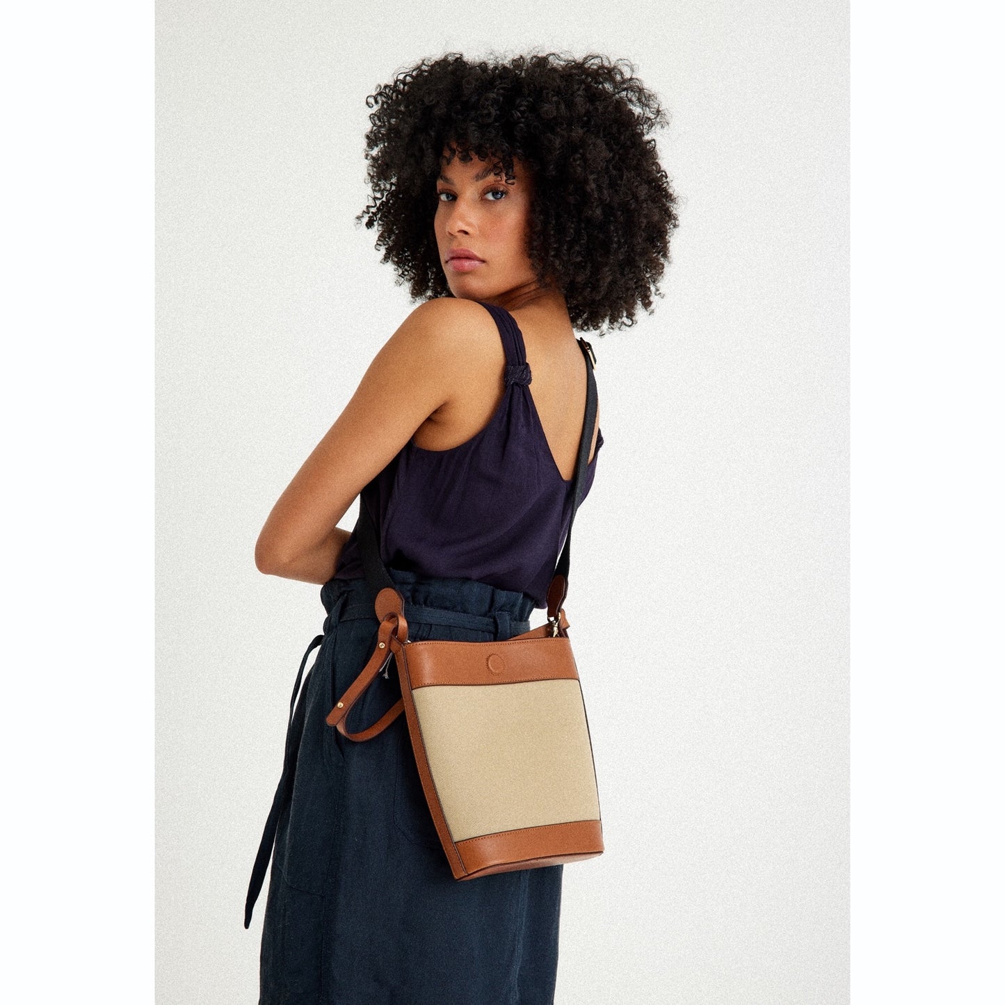 Vegan Apple Leather & Fabric Bucket Shoulder & Crossbody Bag Beige