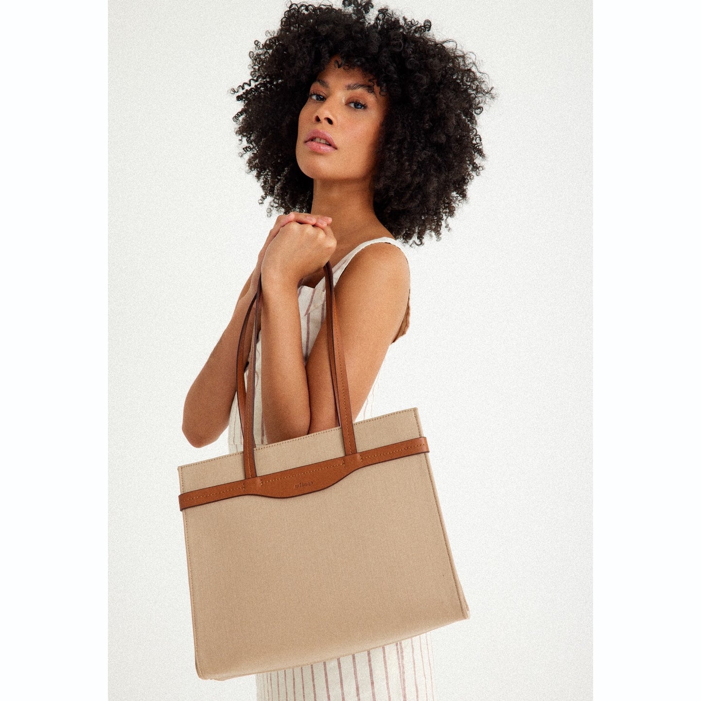 Vegan Apple Leather & Fabric Medium Tote Beige