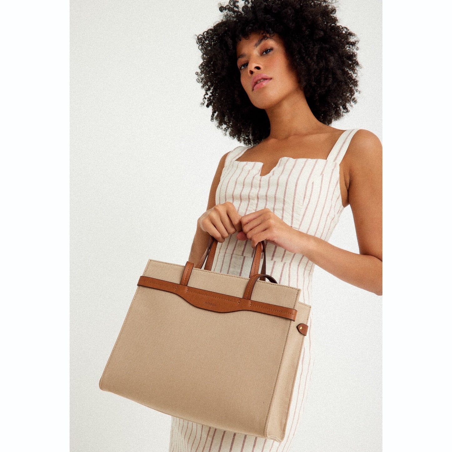 Vegan Apple Leather & Fabric Medium Tote Beige