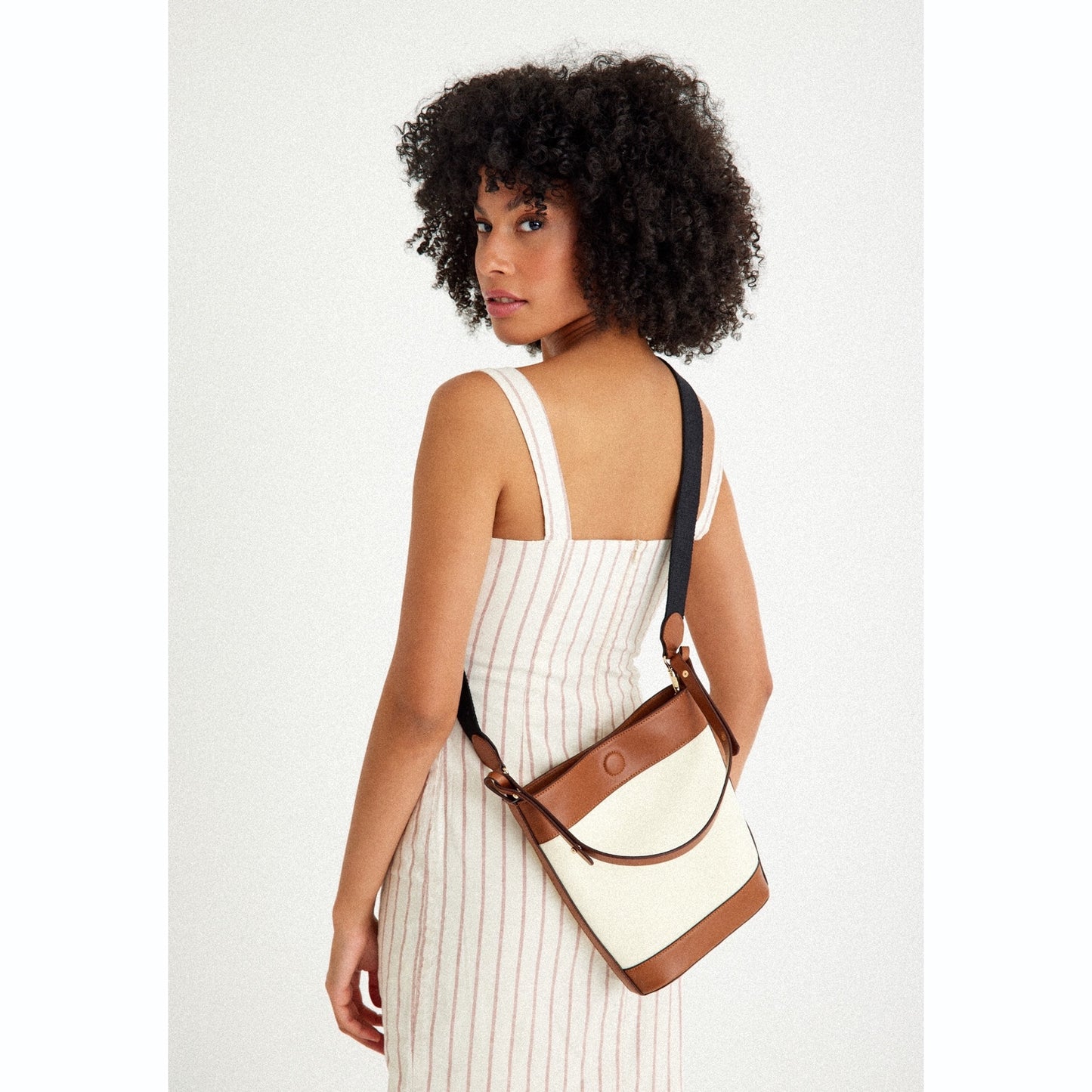 Leather & Fabric Bucket Shoulder & Crossbody Bag White