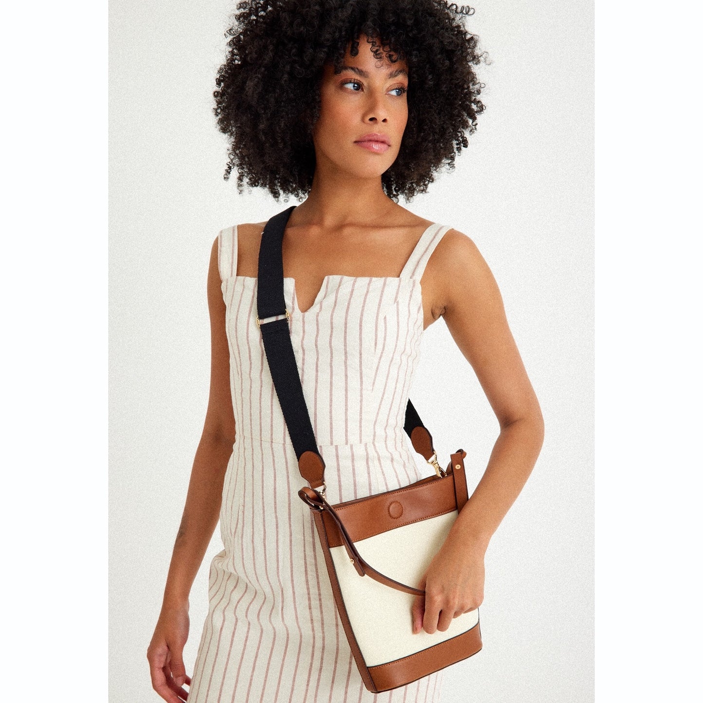 Leather & Fabric Bucket Shoulder & Crossbody Bag White