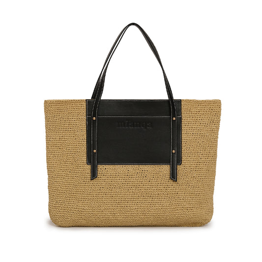 Vegan Bio-Leather & Handwoven Raffia Tote Bag Black
