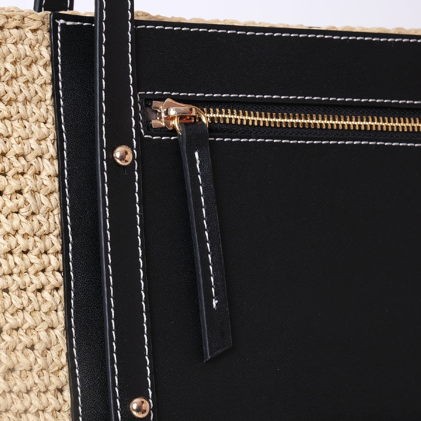 Vegan Bio-Leather & Handwoven Raffia Tote Bag Black
