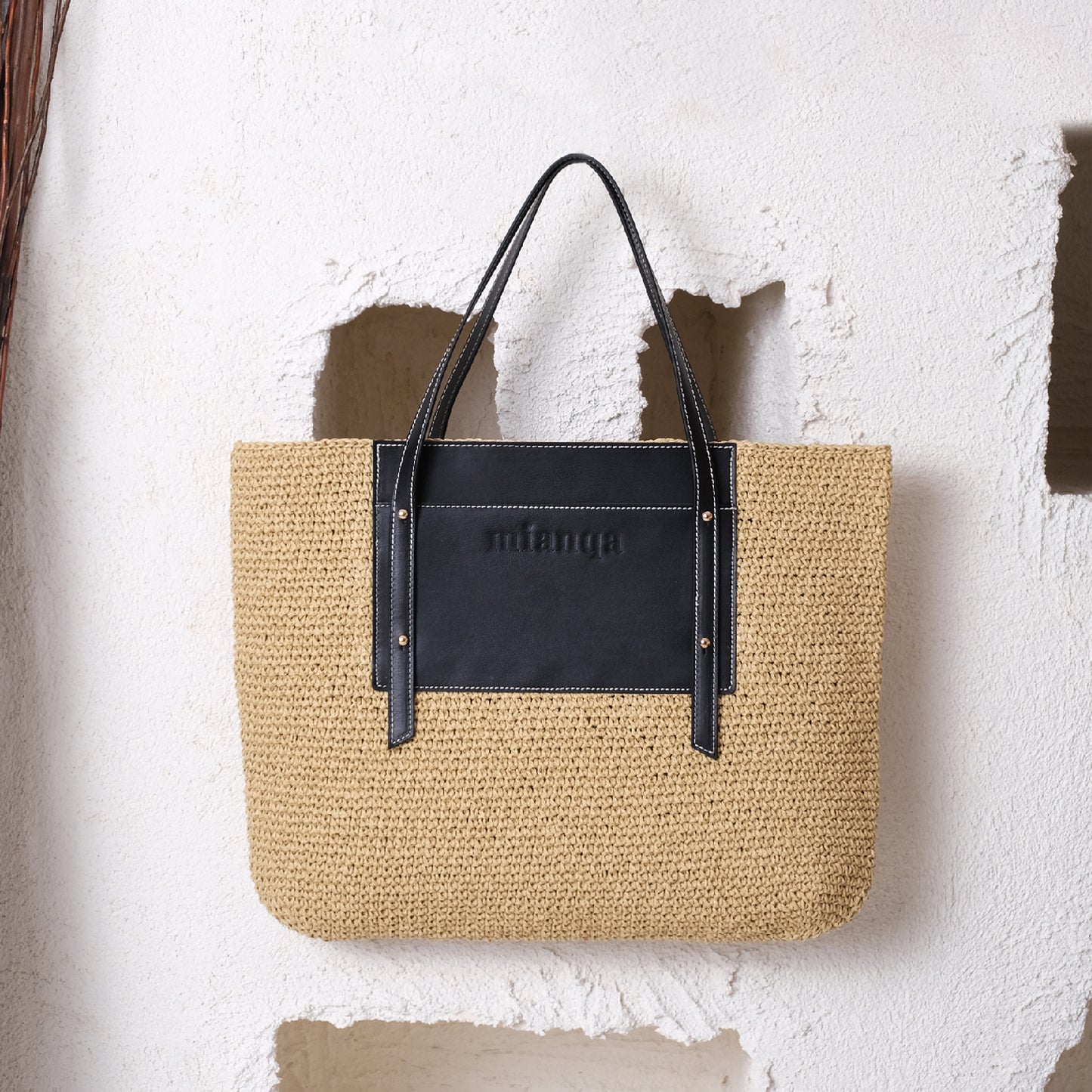 Vegan Bio-Leather & Handwoven Raffia Tote Bag Black