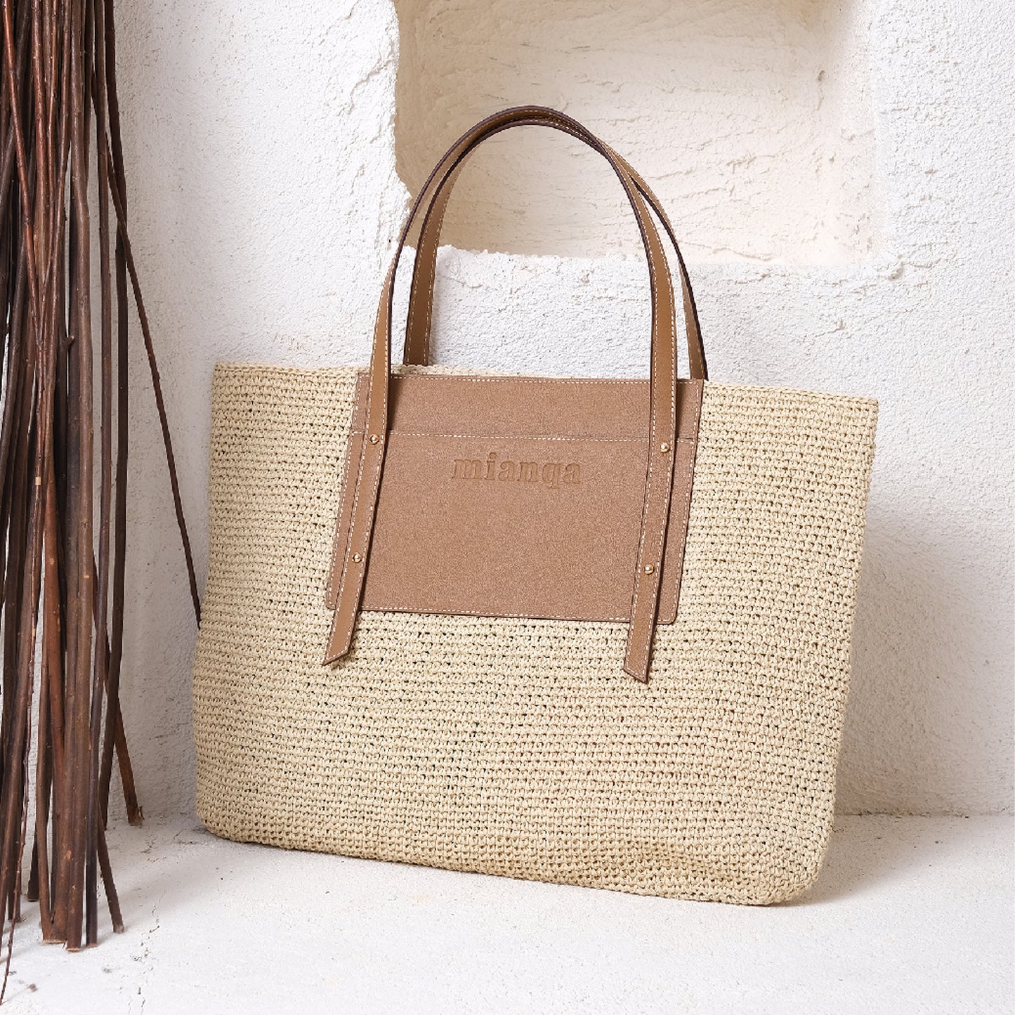Vegan Bio-Leather & Handwoven Raffia Tote Bag Tan
