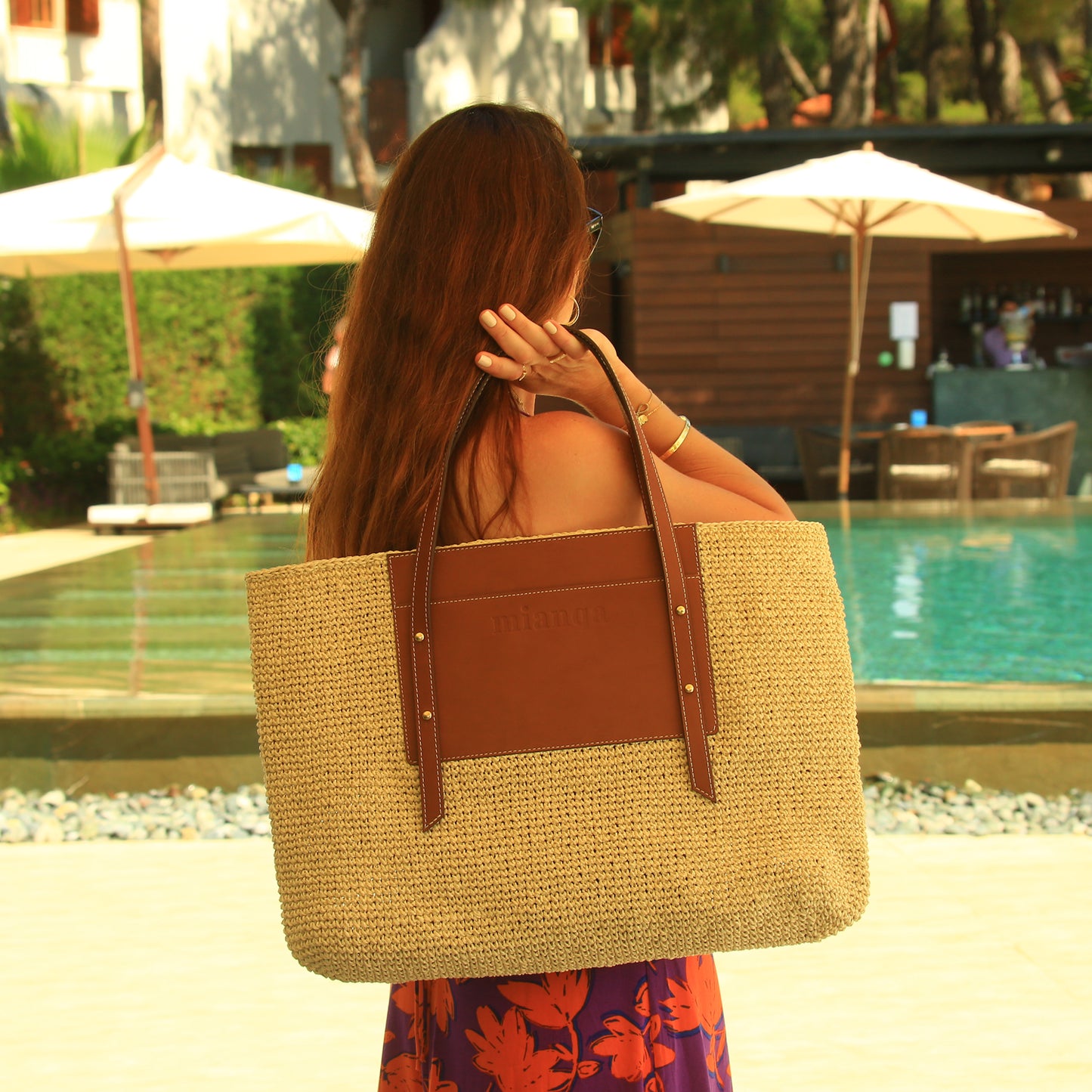 Vegan Bio-Leather & Handwoven Raffia Tote Bag Tan