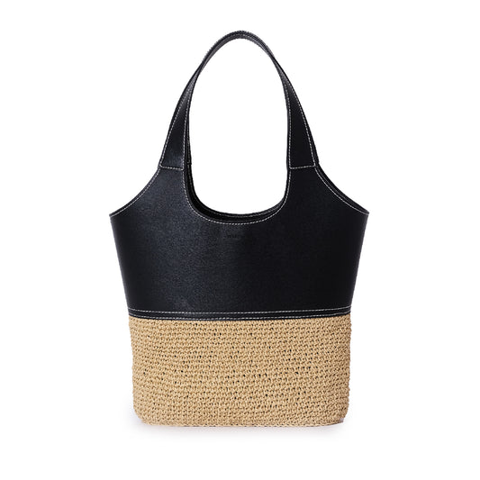 Vegan Bio-Leather & Handwoven Raffia Shoulder Bag Black