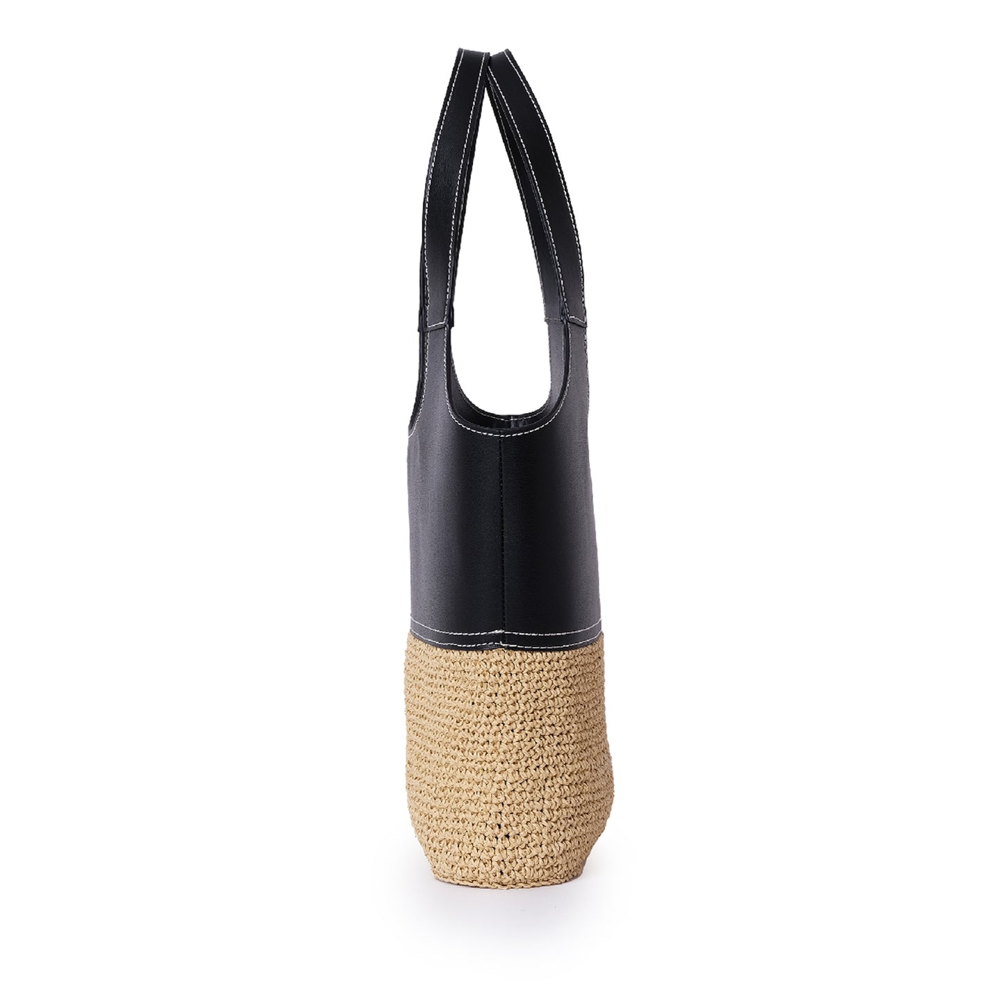 Vegan Bio-Leather & Handwoven Raffia Shoulder Bag Black