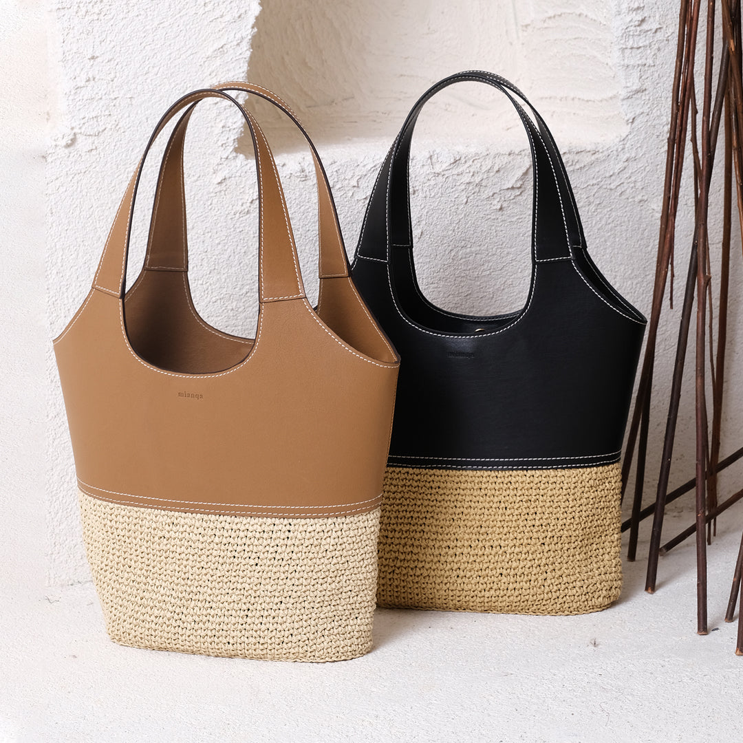 Vegan Bio-Leather & Handwoven Raffia Shoulder Bag Black