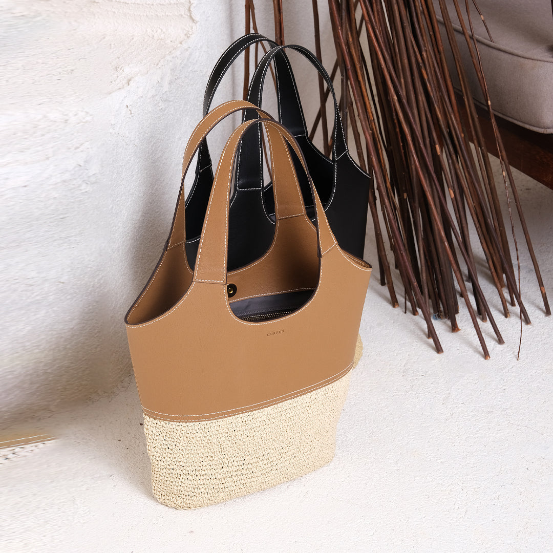 Vegan Bio-Leather & Handwoven Raffia Shoulder Bag Black
